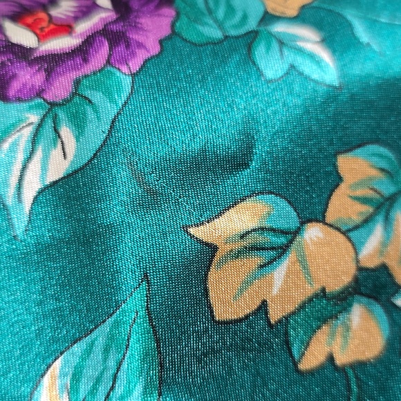 Vintage Expressions By California Dynasty Teal Floral Print Satin Slip Dress - Picture 7 of 8